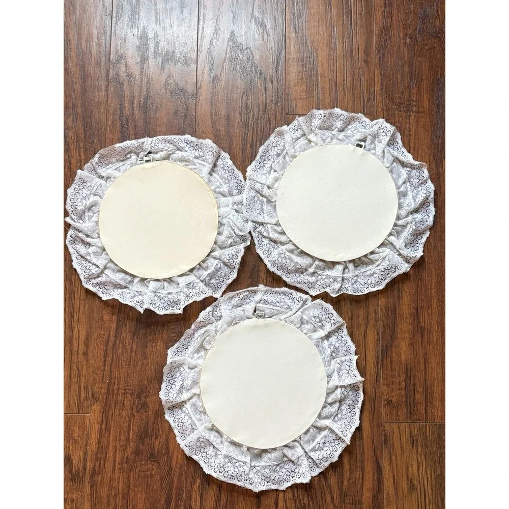 Vtg Set Of 3 Bird Wall Hanging Lace Ruffle Embroidery Hoop Art Cottagecore